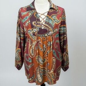 ChaCha Vente Paisley Blouse Women Medium Burgundy Boho Tie Neck Long Sleeve